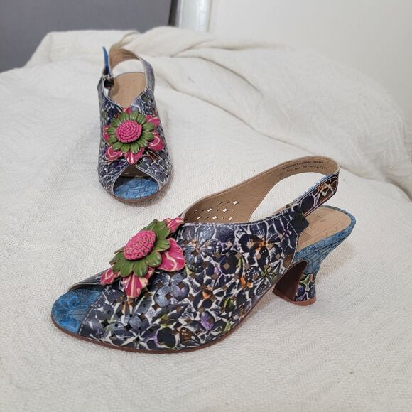 L'Artiste Women's NEW Arautre Slingback Sandal Navy Multi Peeptoe Size 39 US 8.5 - Picture 1 of 16